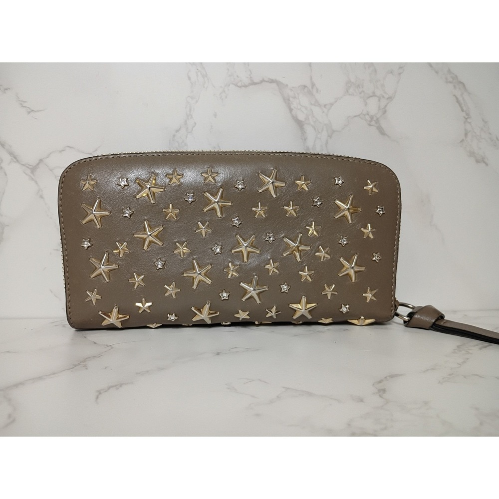 JIMMY CHOO Filipa Star-Studded Zip-Around Brown Leather Wallet - EUC